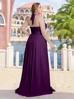 A-Line/Princess Halter V-Neck Sleeveless Floor-Length Plus Size Bridesmaid Dresses with Split Side & Ruffles — view 2