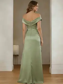 A-Line/Princess Off-the-Shoulder Silk Satin Bridesmaid Dresses with Split Side Sleeveless Floor-Length Ruched — view 2