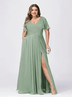 A Line/Princess V-Neck Short Sleeves Plus Size Bridesmaid Dresses with Split Side — view 3