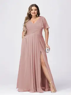 A Line/Princess V-Neck Short Sleeves Plus Size Bridesmaid Dresses with Split Side — view 4