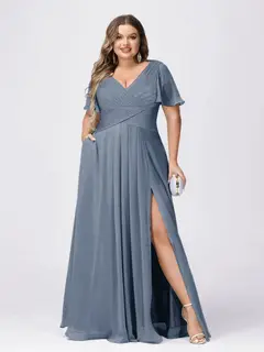 A Line/Princess V-Neck Short Sleeves Plus Size Bridesmaid Dresses with Split Side — view 5