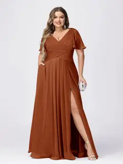 A Line/Princess V-Neck Short Sleeves Plus Size Bridesmaid Dresses with Split Side — view 6