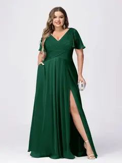A Line/Princess V-Neck Short Sleeves Plus Size Bridesmaid Dresses with Split Side — view 7
