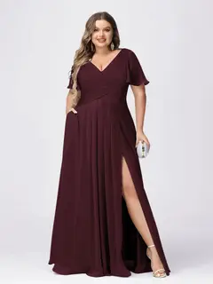 A Line/Princess V-Neck Short Sleeves Plus Size Bridesmaid Dresses with Split Side — view 8
