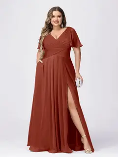 A Line/Princess V-Neck Short Sleeves Plus Size Bridesmaid Dresses with Split Side — view 9