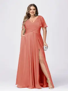 A Line/Princess V-Neck Short Sleeves Plus Size Bridesmaid Dresses with Split Side — view 10
