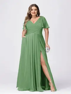 A Line/Princess V-Neck Short Sleeves Plus Size Bridesmaid Dresses with Split Side — view 11