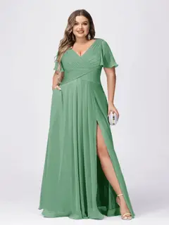 A Line/Princess V-Neck Short Sleeves Plus Size Bridesmaid Dresses with Split Side — view 12