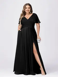 A Line/Princess V-Neck Short Sleeves Plus Size Bridesmaid Dresses with Split Side — view 13