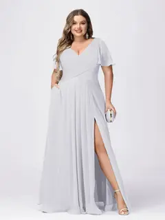 A Line/Princess V-Neck Short Sleeves Plus Size Bridesmaid Dresses with Split Side — view 14