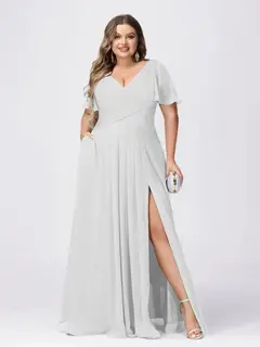 A Line/Princess V-Neck Short Sleeves Plus Size Bridesmaid Dresses with Split Side — view 15