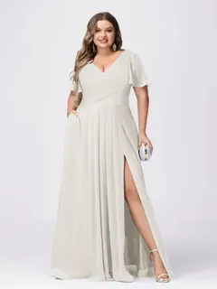 A Line/Princess V-Neck Short Sleeves Plus Size Bridesmaid Dresses with Split Side — view 16