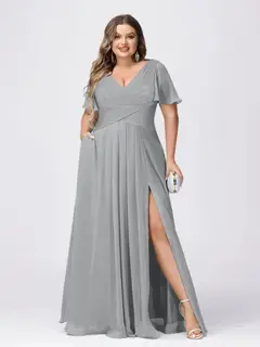 A Line/Princess V-Neck Short Sleeves Plus Size Bridesmaid Dresses with Split Side — view 17