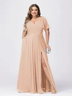 A Line/Princess V-Neck Short Sleeves Plus Size Bridesmaid Dresses with Split Side — view 18