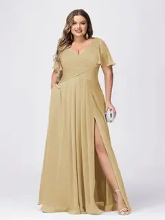 A Line/Princess V-Neck Short Sleeves Plus Size Bridesmaid Dresses with Split Side — view 19