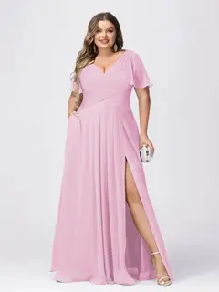 A Line/Princess V-Neck Short Sleeves Plus Size Bridesmaid Dresses with Split Side — view 20
