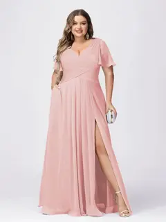 A Line/Princess V-Neck Short Sleeves Plus Size Bridesmaid Dresses with Split Side — view 21