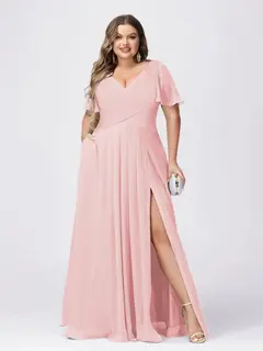 A Line/Princess V-Neck Short Sleeves Plus Size Bridesmaid Dresses with Split Side — view 22