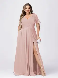 A Line/Princess V-Neck Short Sleeves Plus Size Bridesmaid Dresses with Split Side — view 23