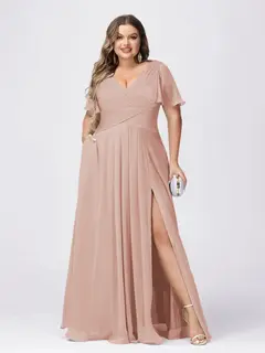 A Line/Princess V-Neck Short Sleeves Plus Size Bridesmaid Dresses with Split Side — view 24