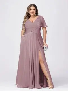 A Line/Princess V-Neck Short Sleeves Plus Size Bridesmaid Dresses with Split Side — view 25