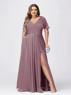 A Line/Princess V-Neck Short Sleeves Plus Size Bridesmaid Dresses with Split Side — view 26