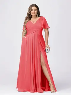 A Line/Princess V-Neck Short Sleeves Plus Size Bridesmaid Dresses with Split Side — view 27