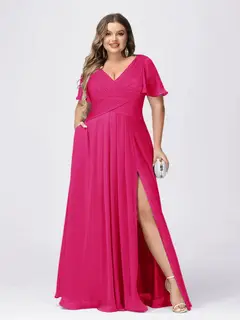 A Line/Princess V-Neck Short Sleeves Plus Size Bridesmaid Dresses with Split Side — view 28