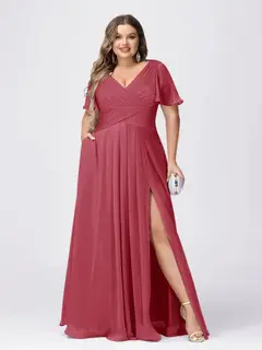 A Line/Princess V-Neck Short Sleeves Plus Size Bridesmaid Dresses with Split Side — view 29