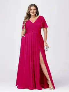 A Line/Princess V-Neck Short Sleeves Plus Size Bridesmaid Dresses with Split Side — view 30