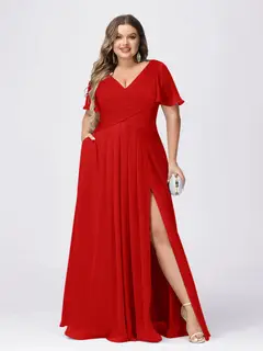 A Line/Princess V-Neck Short Sleeves Plus Size Bridesmaid Dresses with Split Side — view 31