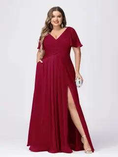 A Line/Princess V-Neck Short Sleeves Plus Size Bridesmaid Dresses with Split Side — view 32