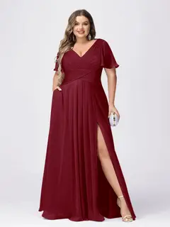 A Line/Princess V-Neck Short Sleeves Plus Size Bridesmaid Dresses with Split Side — view 33