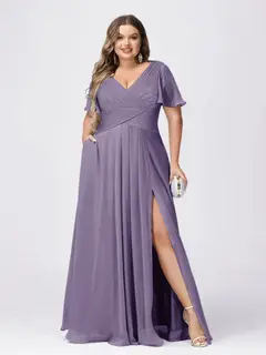 A Line/Princess V-Neck Short Sleeves Plus Size Bridesmaid Dresses with Split Side — view 35