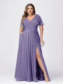 A Line/Princess V-Neck Short Sleeves Plus Size Bridesmaid Dresses with Split Side — view 36