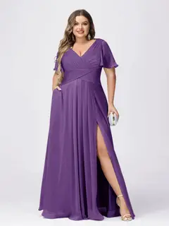 A Line/Princess V-Neck Short Sleeves Plus Size Bridesmaid Dresses with Split Side — view 37