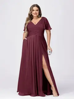 A Line/Princess V-Neck Short Sleeves Plus Size Bridesmaid Dresses with Split Side — view 38