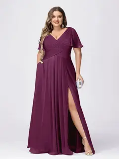 A Line/Princess V-Neck Short Sleeves Plus Size Bridesmaid Dresses with Split Side — view 39
