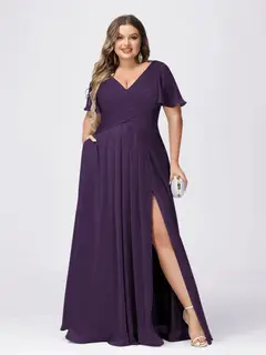 A Line/Princess V-Neck Short Sleeves Plus Size Bridesmaid Dresses with Split Side — view 40