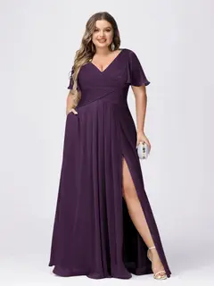 A Line/Princess V-Neck Short Sleeves Plus Size Bridesmaid Dresses with Split Side — view 41