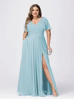 A Line/Princess V-Neck Short Sleeves Plus Size Bridesmaid Dresses with Split Side — view 42