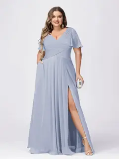 A Line/Princess V-Neck Short Sleeves Plus Size Bridesmaid Dresses with Split Side — view 43