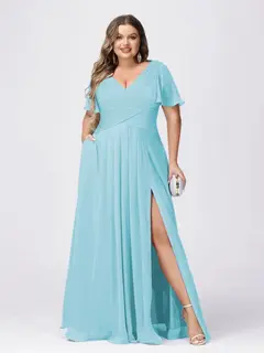 A Line/Princess V-Neck Short Sleeves Plus Size Bridesmaid Dresses with Split Side — view 44