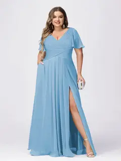 A Line/Princess V-Neck Short Sleeves Plus Size Bridesmaid Dresses with Split Side — view 45