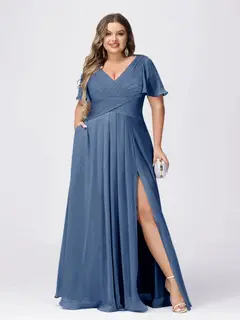 A Line/Princess V-Neck Short Sleeves Plus Size Bridesmaid Dresses with Split Side — view 46