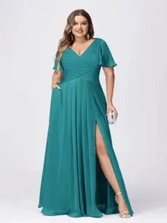 A Line/Princess V-Neck Short Sleeves Plus Size Bridesmaid Dresses with Split Side — view 47