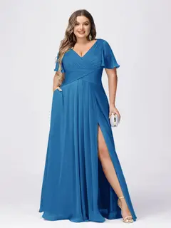 A Line/Princess V-Neck Short Sleeves Plus Size Bridesmaid Dresses with Split Side — view 48