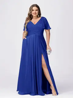 A Line/Princess V-Neck Short Sleeves Plus Size Bridesmaid Dresses with Split Side — view 49