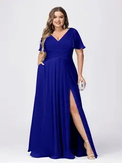 A Line/Princess V-Neck Short Sleeves Plus Size Bridesmaid Dresses with Split Side — view 50