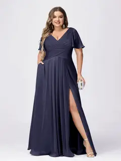 A Line/Princess V-Neck Short Sleeves Plus Size Bridesmaid Dresses with Split Side — view 52